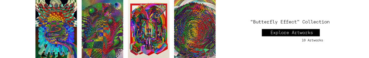 Butterfly Effect surreal LGBTQ+ fine art print featuring geometric lines, cubes, cosmic space, and portals to other dimensions