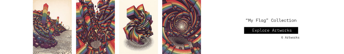City of mz flags 
surreal fine art print featuring LGBTQ+ Pride flags, abstract buildings, and an imagined queer urban landscape