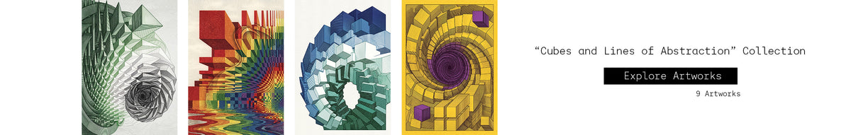 Minimal abstract LGBTQ+ fine art print featuring cubes, geometric spaces, Pride flag colours, and isograph-style linework